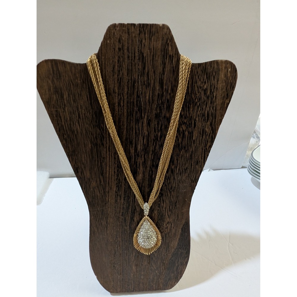 Vintage Crown Trifari Clip On Earrings and Gold Tone Rhinestone Pendant Necklace